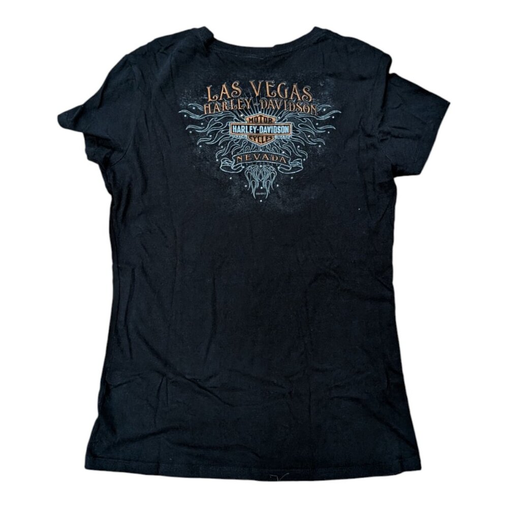 Thrashed Harley Davidson Women's Graphic Las Vegas V-Neck T-Shirt Sz XL Studded - Picture 2 of 9